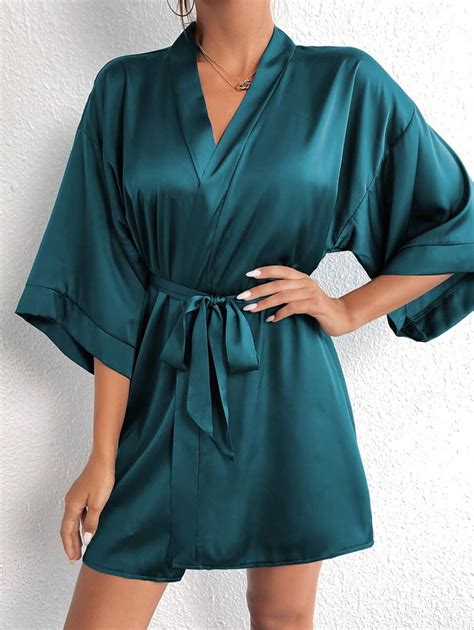 Drop Shoulder Belted Satin Sleep Robe Without Lingerie Set SHEIN USA