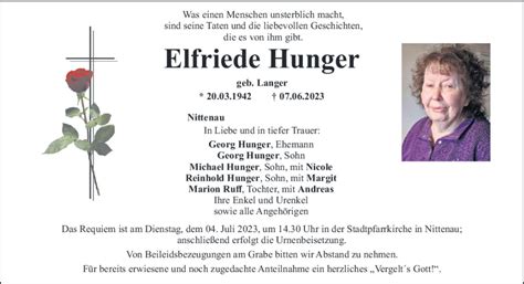 Traueranzeigen Von Elfriede Hunger Mittelbayerische Trauer