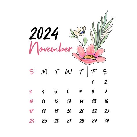 Floral Monthly Calendar November 2024 Vector November Floral Calendar