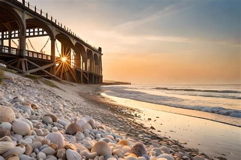 Premium AI Image | A pier with a sunset on the beach