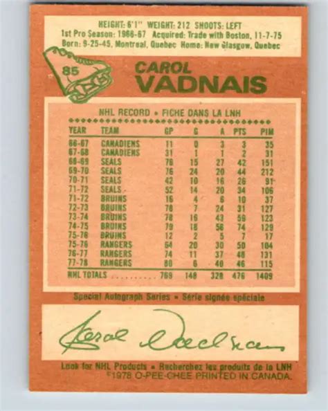 1978 79 O PEE CHEE 85 Carol Vadnais New York Rangers V22056 EUR 1 02