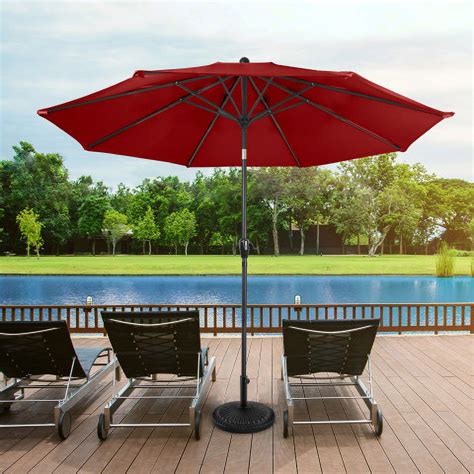 Outdoor Patio Umbrella With Auto Tilt 10 Ft Easy Crank With Vented Canopy Red