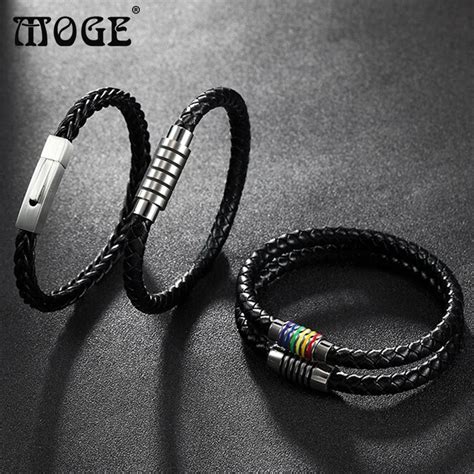 MOGE Trendy Jewelry Men Black Genuine Leather Bracelets Charm