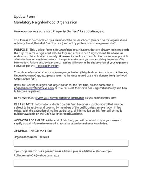 City Of Fort Worth Texas Update Form Mandatory Neighborhood Organization Fill Out Sign