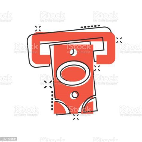 만화 스타일의 돈 Atm 아이콘입니다 흰색 고립 된 배경에 현금 만화 벡터 그림을 교환합니다 지폐 지폐 스플래시 효과 비즈니스