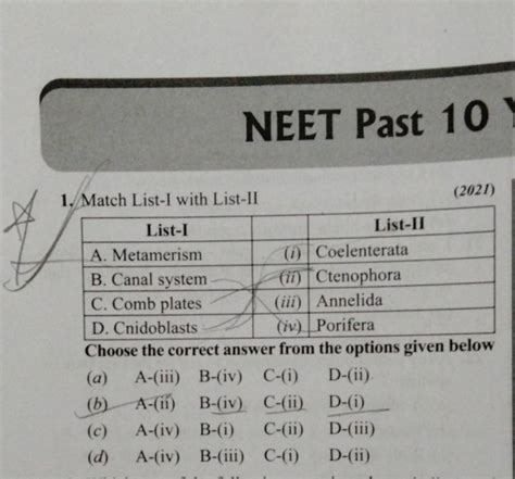 Match List I With List II 202I List IList IIA Metamerism I Coelenterat