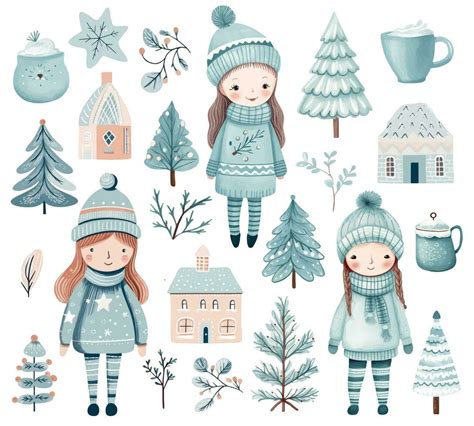 Vector Christmas Set With Cute Girls Scandi Houses Christmas Trees