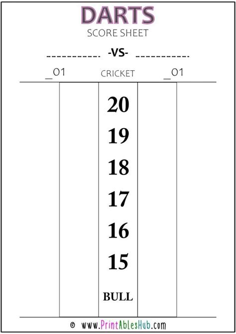 Free Printable Cricket Darts Score Sheet with Numbers 20 to 15 [PDF]