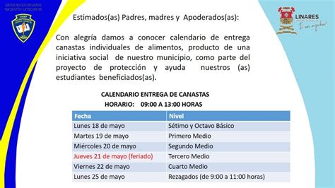 Calendario Entrega De Canastas Liceo Valent N Letelier Madariaga