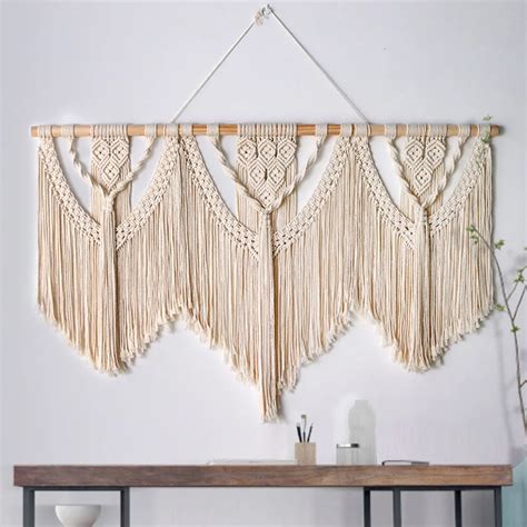 Grande Macram Wall Hanging Tape Aria Vara De Madeira Hand Woven