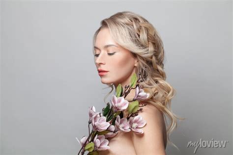 Healthy Woman Model With Clean Skin Light Nude Make Up Closed Wall