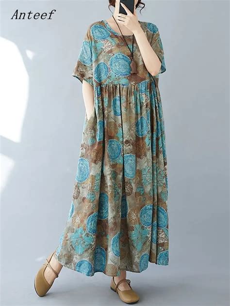 Short Sleeve Oversized Cotton Vintage Floral New In Dresses For Women Casual Loose Long Summer