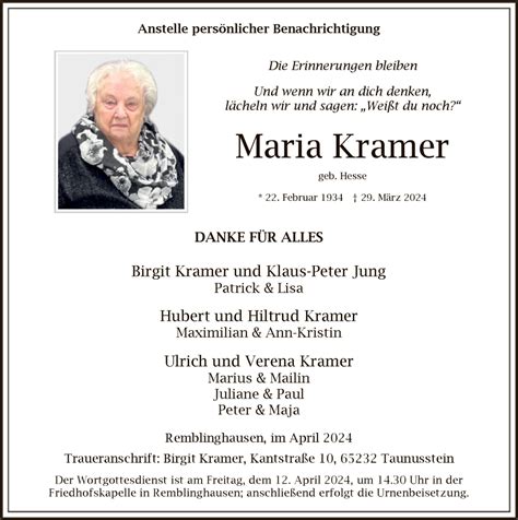 Traueranzeigen Von Maria Kramer Trauer Nrw