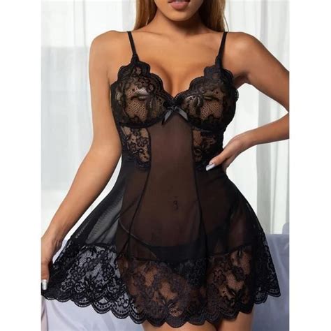 Chemise de nuit en dentelle sexy pour femme Black3 D525 Lingerie transparente avec nœud et