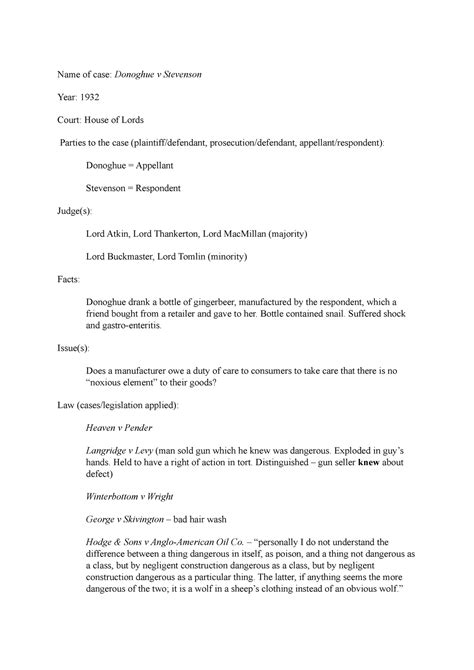 Donoghue V Stevenson Name Of Case Donoghue V Stevenson Year 1932