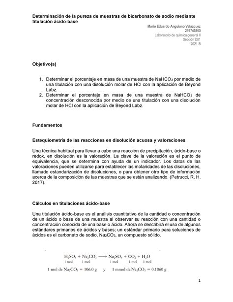 Determinaci N De La Pureza De Muestras De Bicarbonato De Sodio Mediante