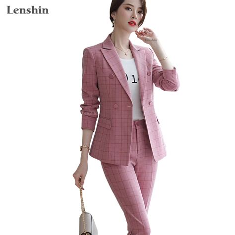 Lenshin yüksek kalite 2 parça Set ekose resmi takım elbise Blazer ofis