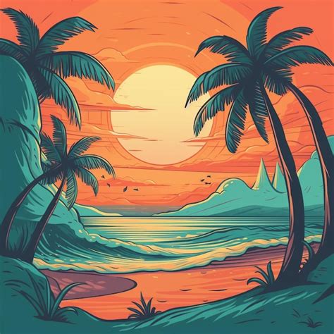 Premium Photo Tropical Beach Sunset Palmtrees Illustration Sunset Clipart