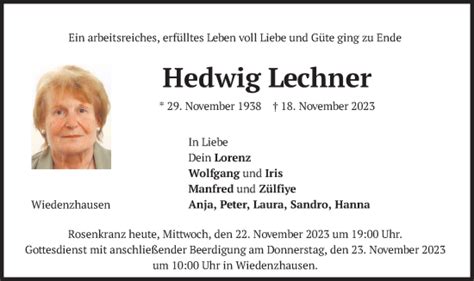 Traueranzeigen Von Hedwig Lechner Trauer Merkur De