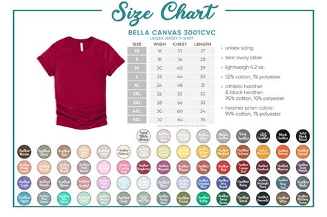 Semi Editable Bella Canvas 3001cvc Size Color Chart Psd Designful Market