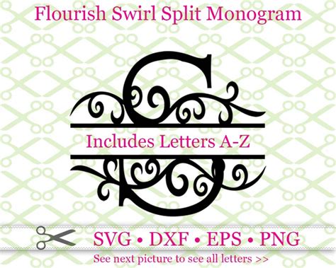 Swirl Flourish Split Monogram Cricut Silhouette Files Svg Dxf Eps Png