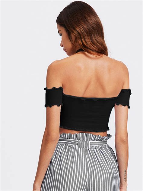 Off Shoulder Lettuce Edge Trim Crop Top SheIn Sheinside