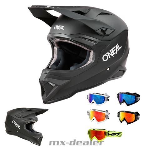 O Neal 1 SRS V24 ECE06 Solid Schwarz MX Helm Crosshelm HP7 Brille