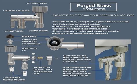 Rinseworks Bidet T Adapter With 3 Way Shut Off Valve For Toilet 7 8