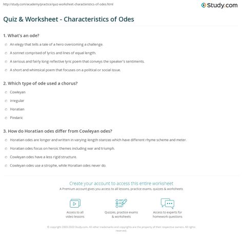 Quiz & Worksheet - Characteristics of Odes | Study.com