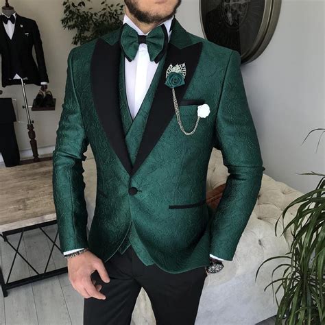 Men Suits Green Floral Piece Wedding Groom Suits Elegant Suits