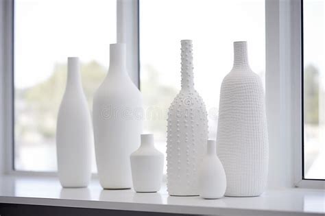 A Beautiful Still Life Of Several White Ceramic Vases Arranged In A Row