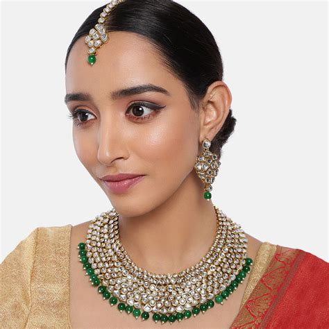 Peora Gold Plated Traditional Kundan Pearl Green Bridal Jewellery Set