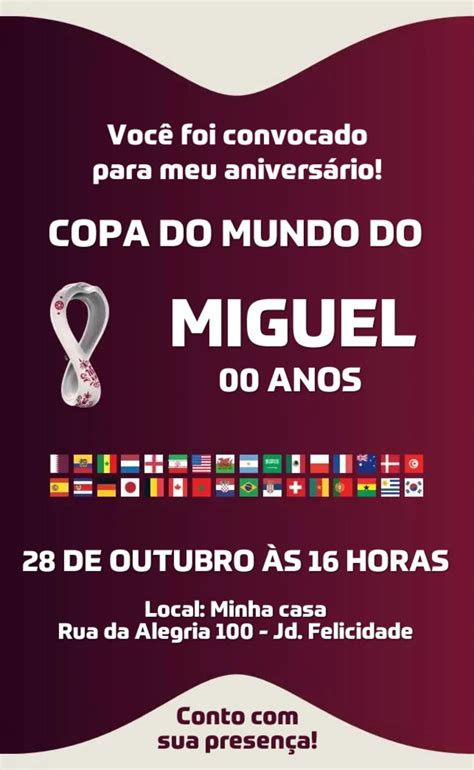 Convite Festa Aniversário Copa Do Mundo 2022 Futebol Catar Elo7