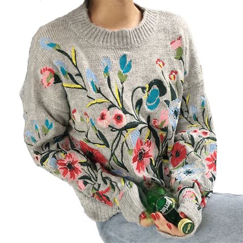 Floral Embroidered Sweater Pullover Autumn High Quality Gray Loose O Neck Boho Chic Knitted Warm