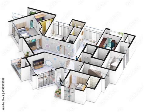 Three bedroom family apartment 3d isometric typical floor plan Stock ...