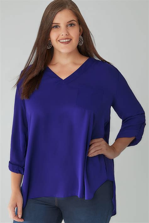 Cobalt Blue V Neck Blouse With Roll Up Sleeves And Pocket Detail Plus