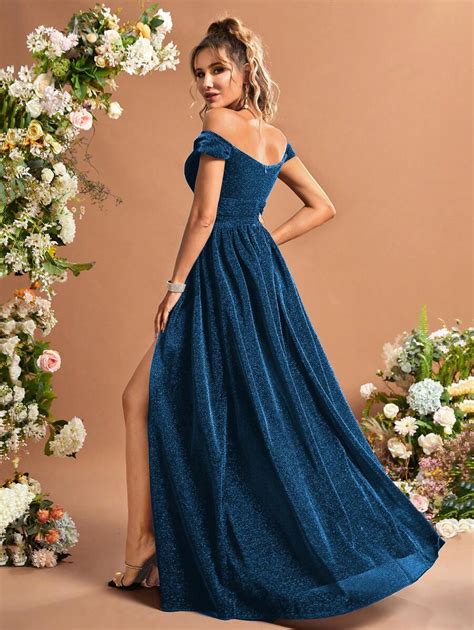 Off Shoulder Split Thigh Glitter Bridesmaid Dress Elegant Formal