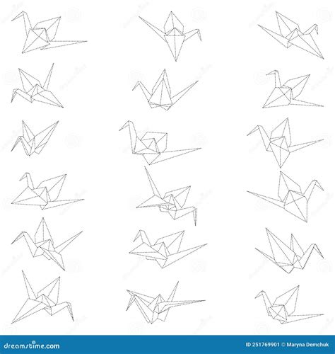 Set Of Origami Crane Vector Outline Dashed Illustration Isolated On