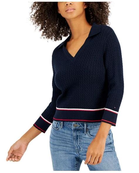 Tommy Hilfiger Cotton Johnny Collar Cable Knit Sweater In Blue Lyst