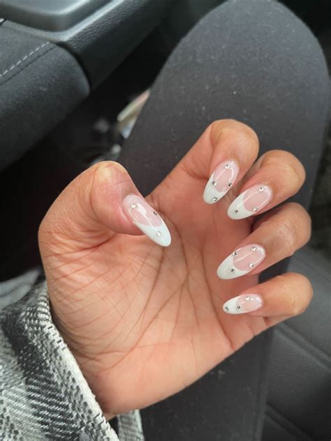 Almond French Tip Nails With Gem Stones French Nails Almond Nails