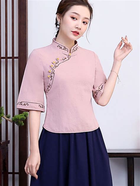 Embroidered Linen Qipao Cheongsam Blouse Top With Half Sleeve