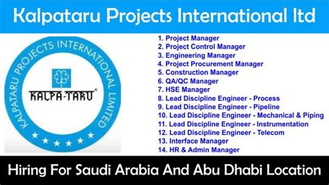 Kalpataru Projects International Ltd Hiring For Saudi Arabia And Abu