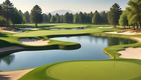 A Painting Of A Golf Course With A Pond And Mountains In The Background