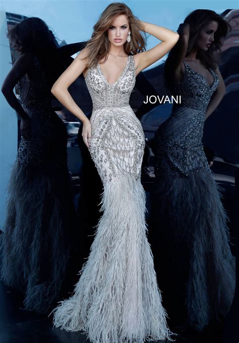 Jovani 02798 Sheer Feather Mermaid Embellished Formal Evening Gown Cou