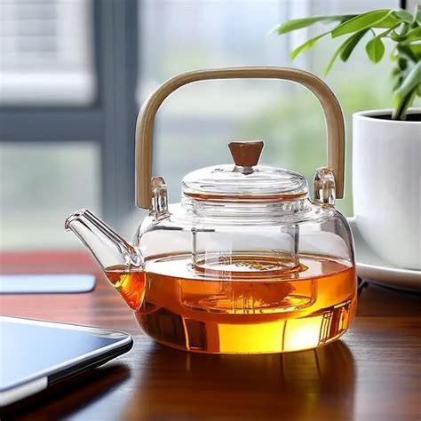 High Borosilicate Glass Handmade Bamboo Handle Heat Resistant Teapot With Glass Strainer 1000ml