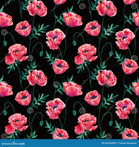 Floral Seamless Background Pattern With Beautiful Watercolor Poppy