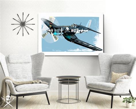 F4U Corsair vintage Airplane art print retro WWII war plane | Etsy