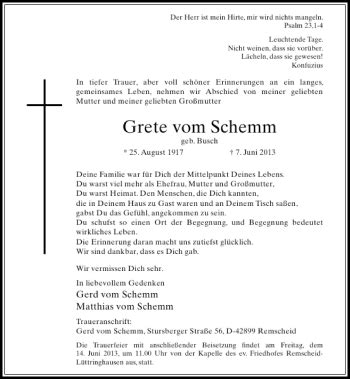 Alle Traueranzeigen F R Grete Vom Schemm Trauer Rp Online De