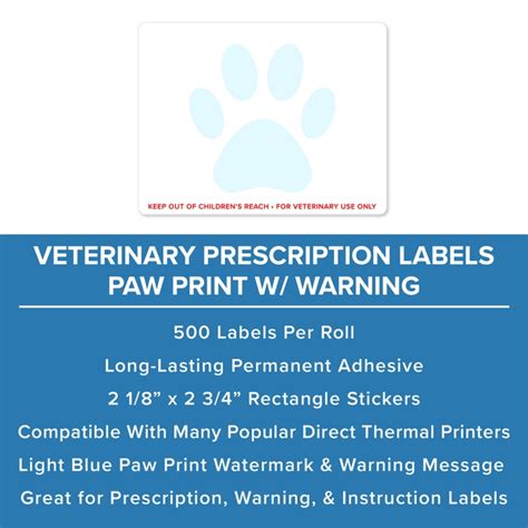 Veterinary Prescription Labels With Paw Print And Warning Free Shipping