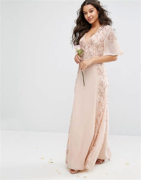 Asos Maya Embellished Maxi Dress With Fluted Sleeve With Lace Up Back